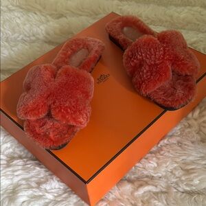Hermes Orange Fluffy Sandals